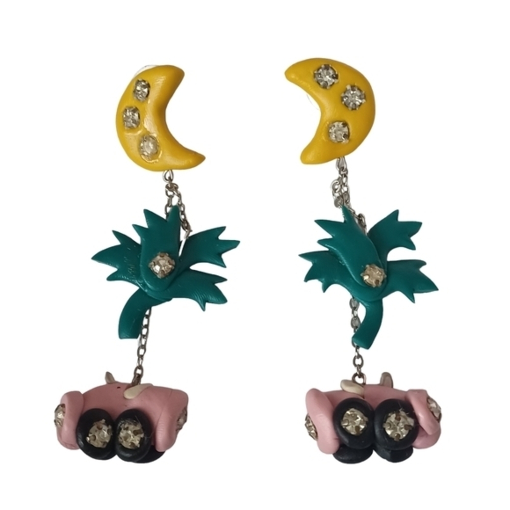 Vintage 70's Groovy Clay‎ Bead Funky Post Back Earrings Signed W Pink Cadillac